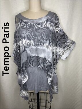 Tempo Paris Gray Lace Silk Blend Tunic Top Size S Boho Sheer Poncho NWT